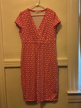 Boden Red Geo-Print V-Neck Midi Dress